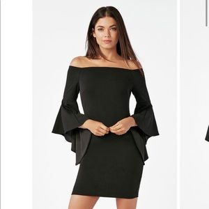 Black off shoulder bell sleeve holiday dress